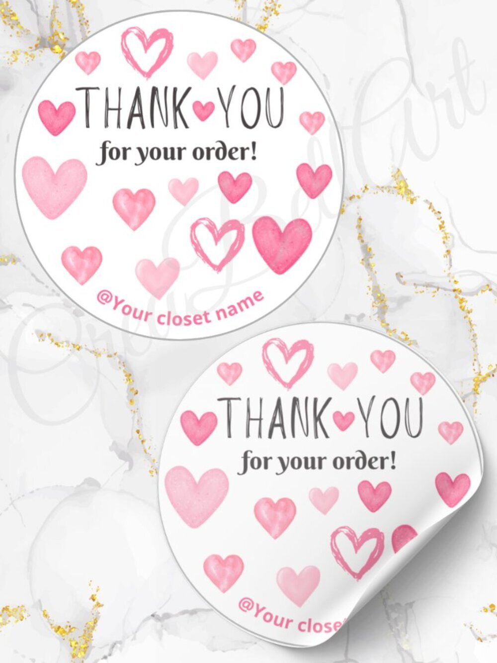 60 Personalized Hearts Thank You Stickers 2 inch Glossy